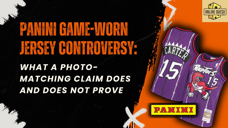 Cut-up Panini Immaculate game-worn jersey panels beside a Vince Carter Toronto Raptors rookie photo